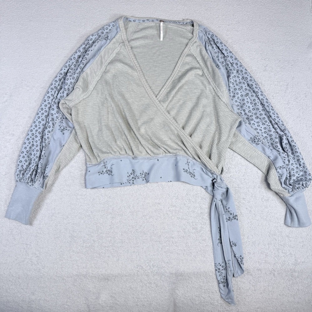 Free People Small Gray Blue Floral Thermal Knit Wrap Crop Top Tie Waist Boho